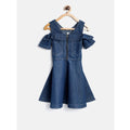 Generic Girl's Denim Floral Printed Bell Sleeve Halter Neck Dress (Blue)