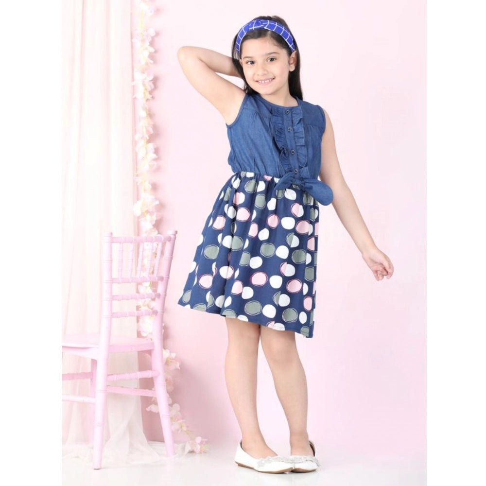 Generic Girl's Denim  Rayon Printed Sleeveless Round Neck Dress (Blue)