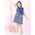 Generic Girl's Denim  Rayon Printed Sleeveless Round Neck Dress (Blue)