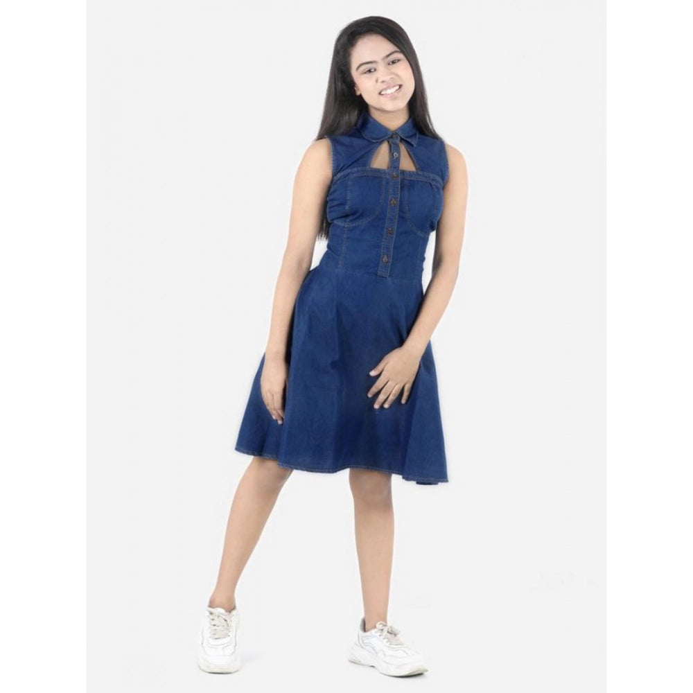 Generic Girl's Denim Solid Sleeveless Shirt collar Dress (Blue)