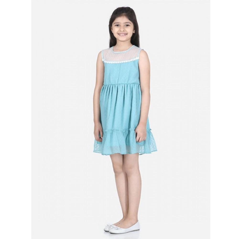 Generic Girl's Polyester Dobby Floral Printed Sleeveless Round Neck Dress (Blue)