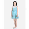 Generic Girl's Polyester Dobby Floral Printed Sleeveless Round Neck Dress (Blue)