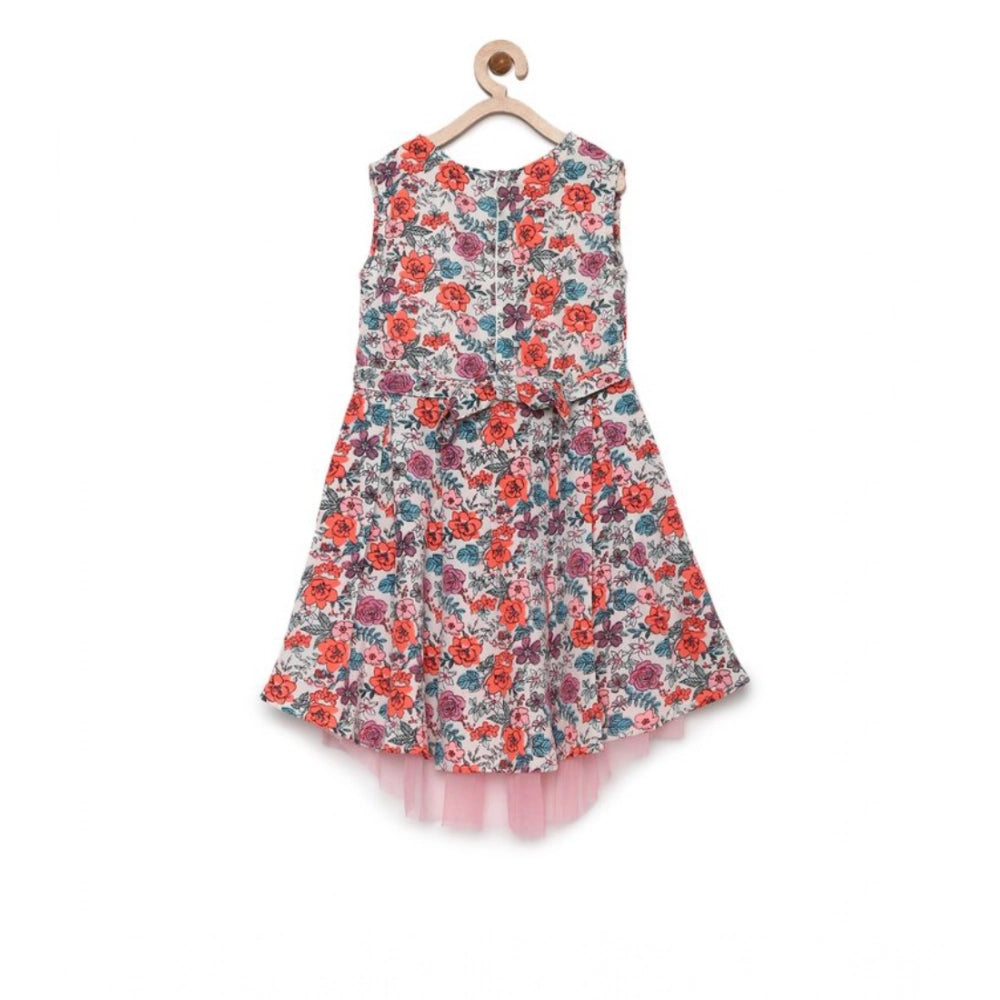 Generic Girl's Polyester Crepe Printed Sleeveless Round Neck Dress (Multicolor)