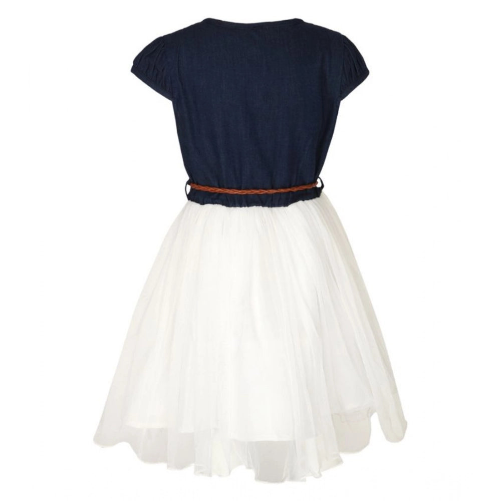 Generic Girl's Denim Embroidery Short Sleeve Round Neck Dress (White)