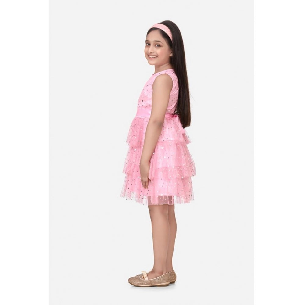 Generic Girl's Net Embellished Sleeveless Round Neck Dress (Pink)