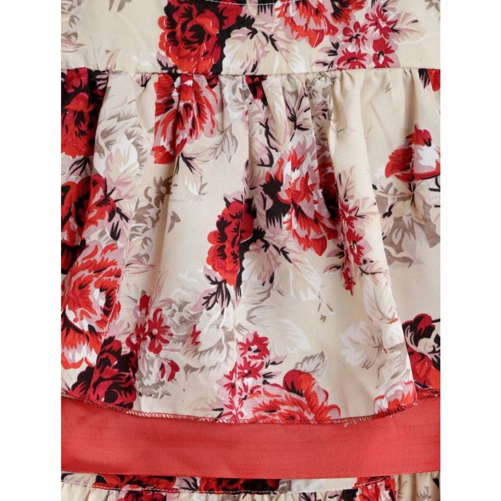 Generic Girl's Polyester Crepe Printed Short Sleeve Cold Shoulder Neck Dress (Cream-Red)