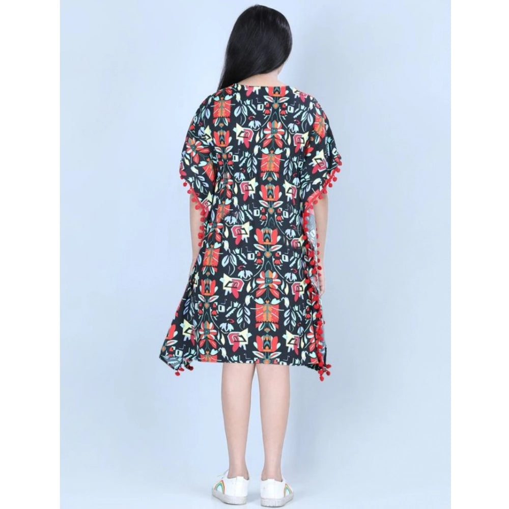 Generic Girl's Polyester Moss Printed Kaftan Sleeve Round Neck Dress (Multicolor)