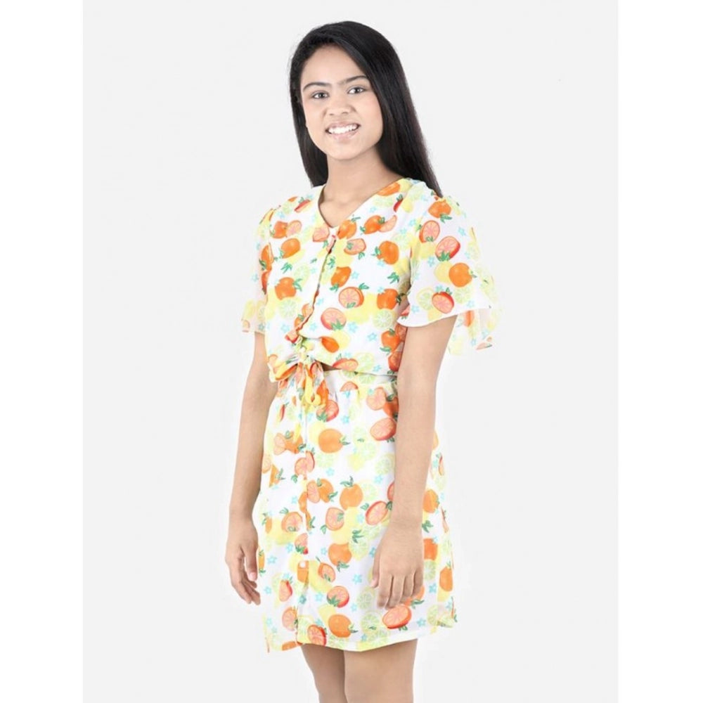 Generic Girl's Polyester Printed Short Sleeve V-Neck Dress (Yellow-Orange)