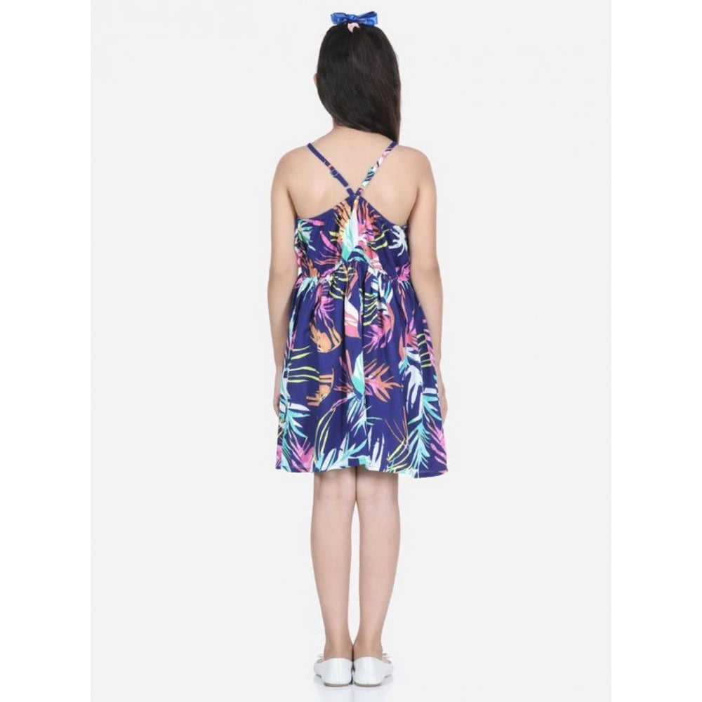 Generic Girl's Rayon Printed Sleeveless Round Neck Dress (Blue)