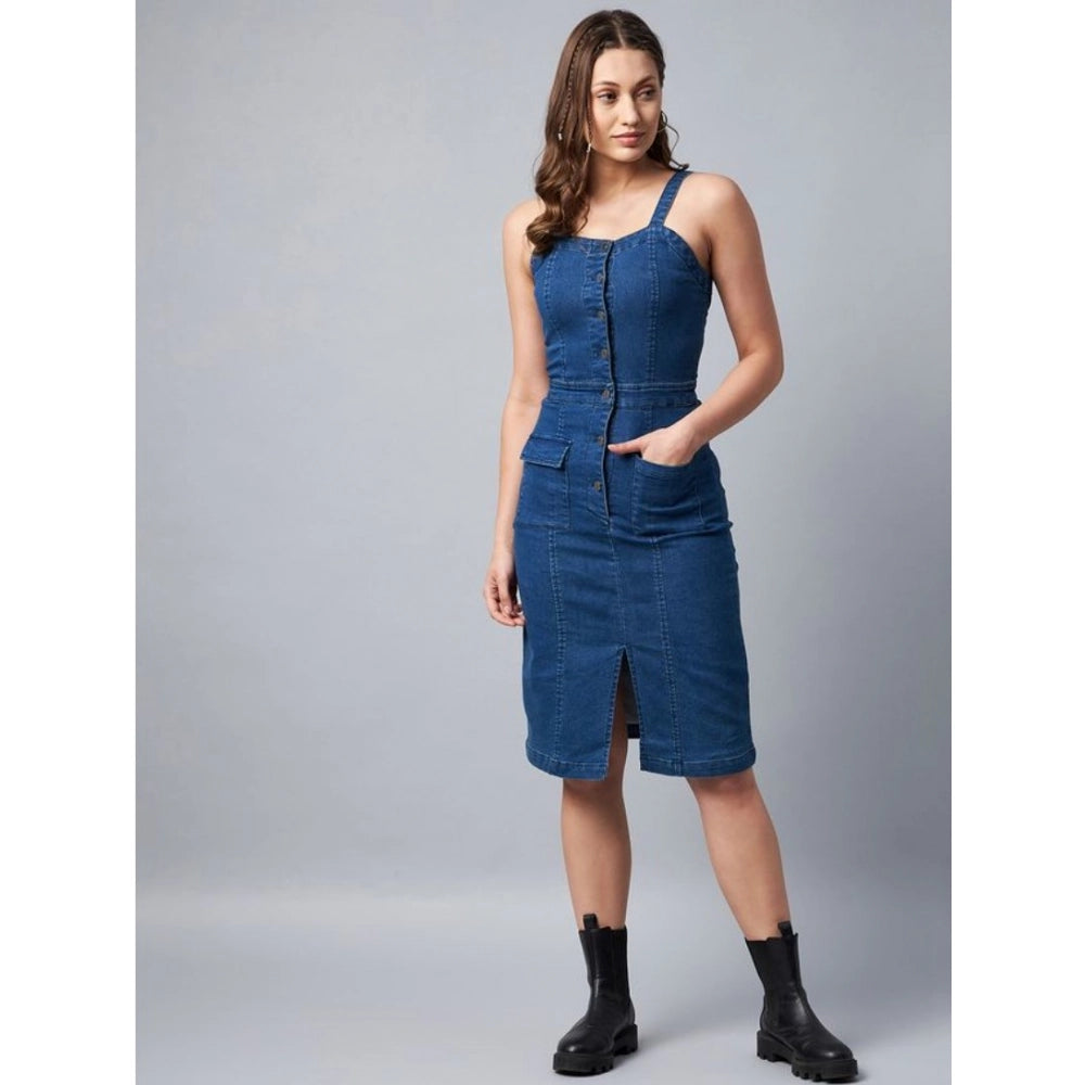 Generic Women's Denim Lycra Solid Square Neck Shoulder Straps Dress (Blue)