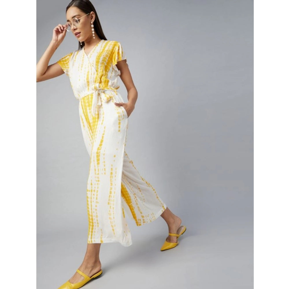 Generic Women's Rayon Striped Short Sleeve Jumpsuit (Yellow - White)