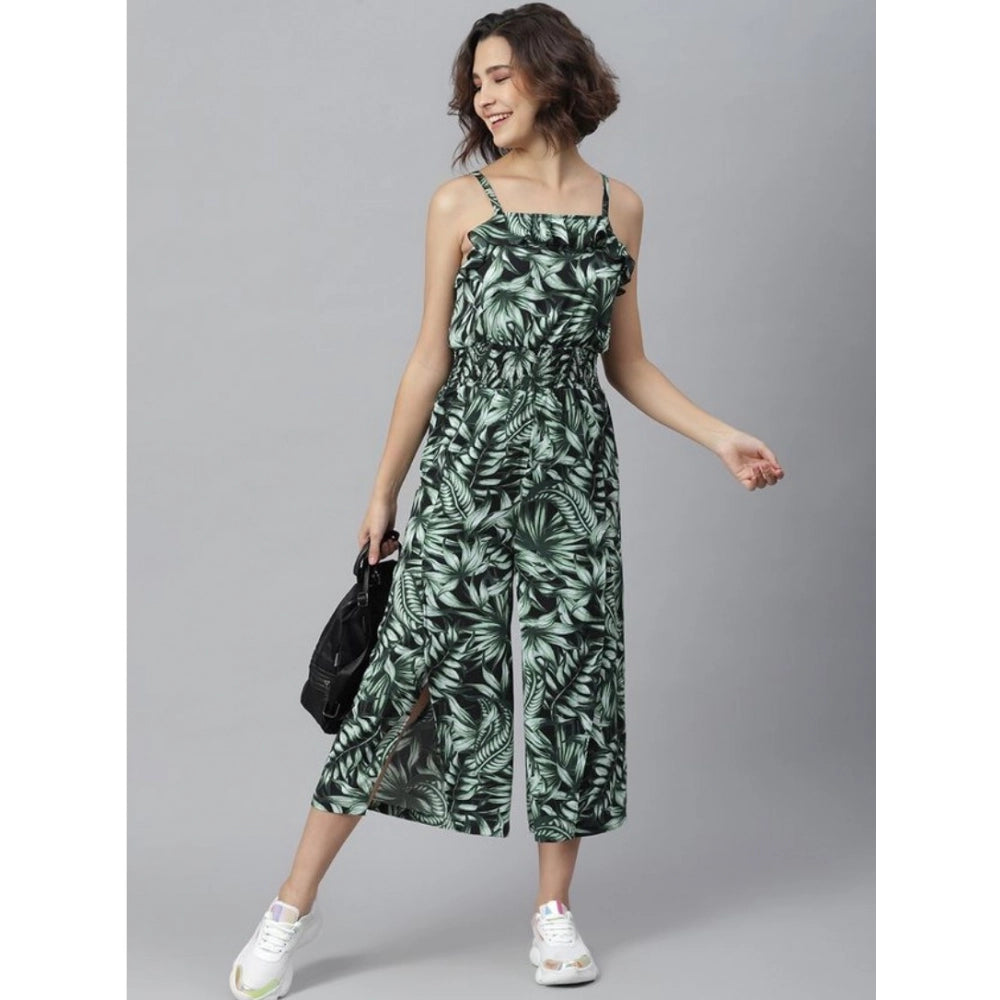 Generic Women's Polyester Printed Shoulder Straps Jumpsuit (Black - Green)