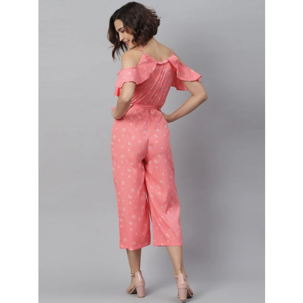 Generic Women's Polyester Floral Cold Shoulder Jumpsuit (Pink)