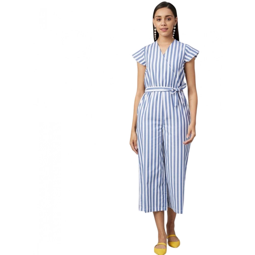 Generic Women's Cotton-Polyester Blend Striped Short Sleeve Jumpsuit (Blue)