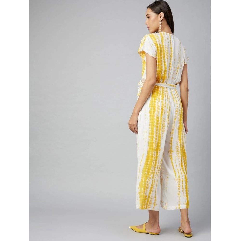 Generic Women's Rayon Striped Short Sleeve Jumpsuit (Yellow - White)