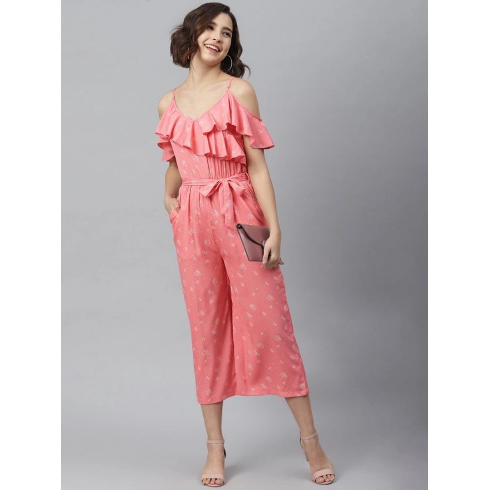 Generic Women's Polyester Floral Cold Shoulder Jumpsuit (Pink)