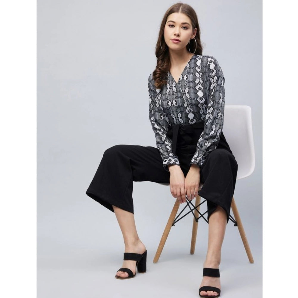 Generic Women's Rayon Animal Print Short Sleeve Jumpsuit (Black)