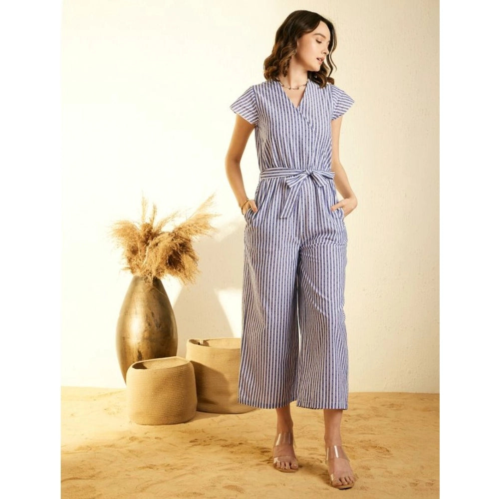 Generic Women's Cotton Chambray Striped Short Sleeve Jumpsuit (Blue)