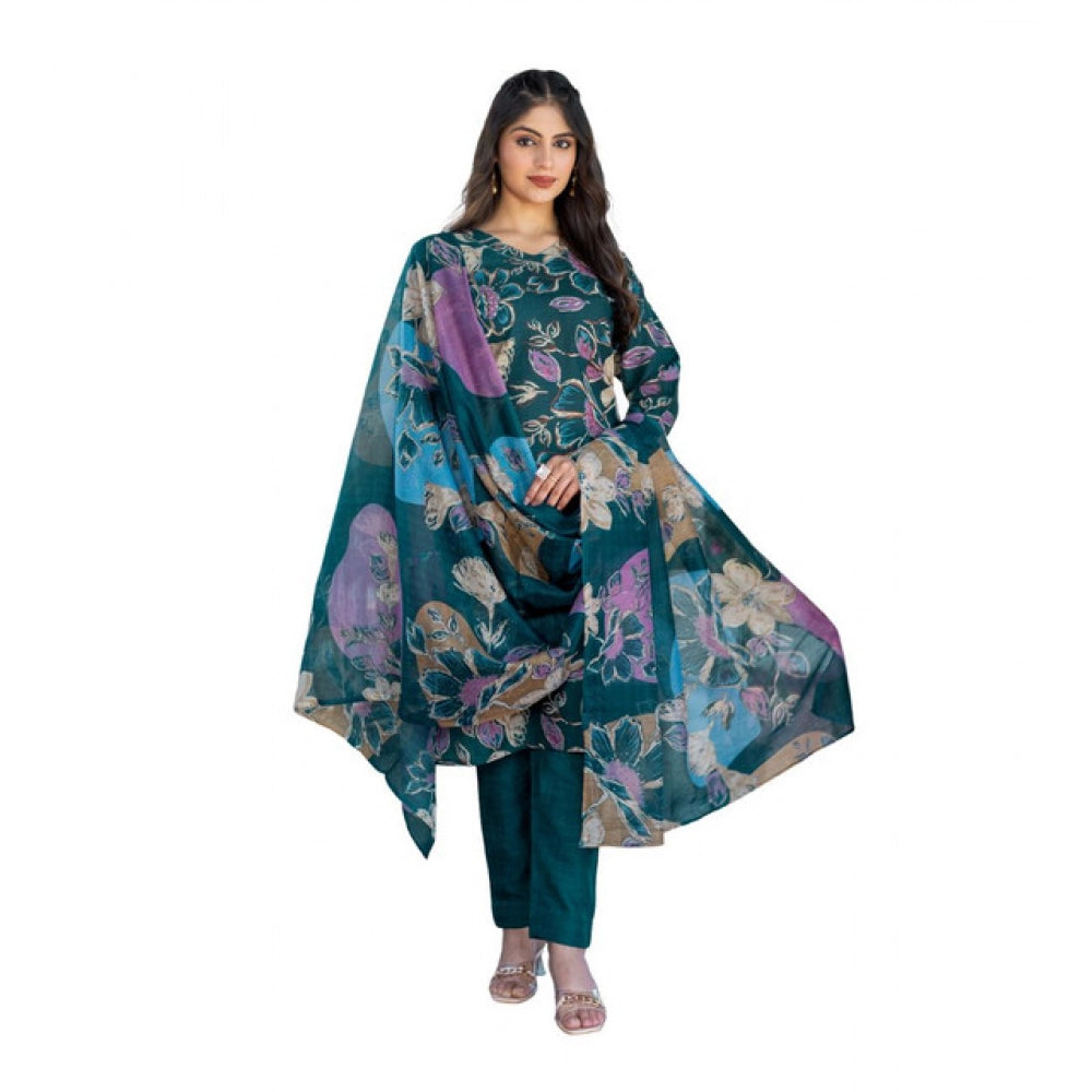Generic Women's Cotton Blend Printed Kurti With Pant Dupatta Set (Rama)