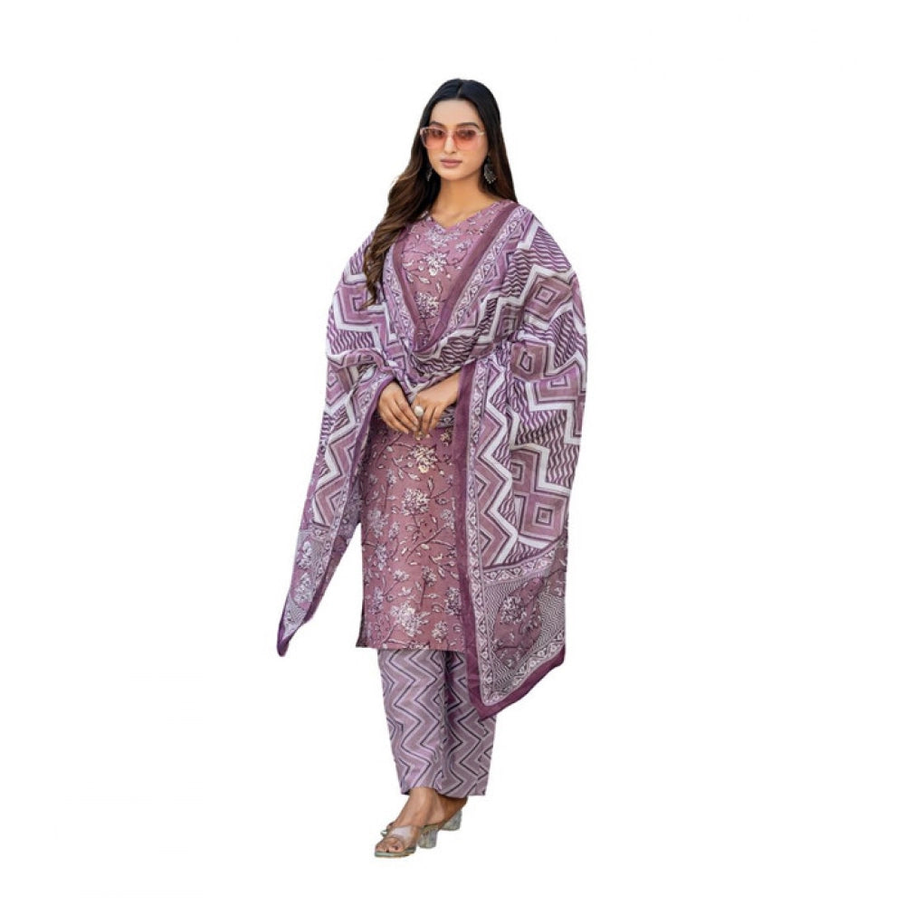 Generic Women's Cotton Blend Printed Kurti With Pant Dupatta Set (Lavender)