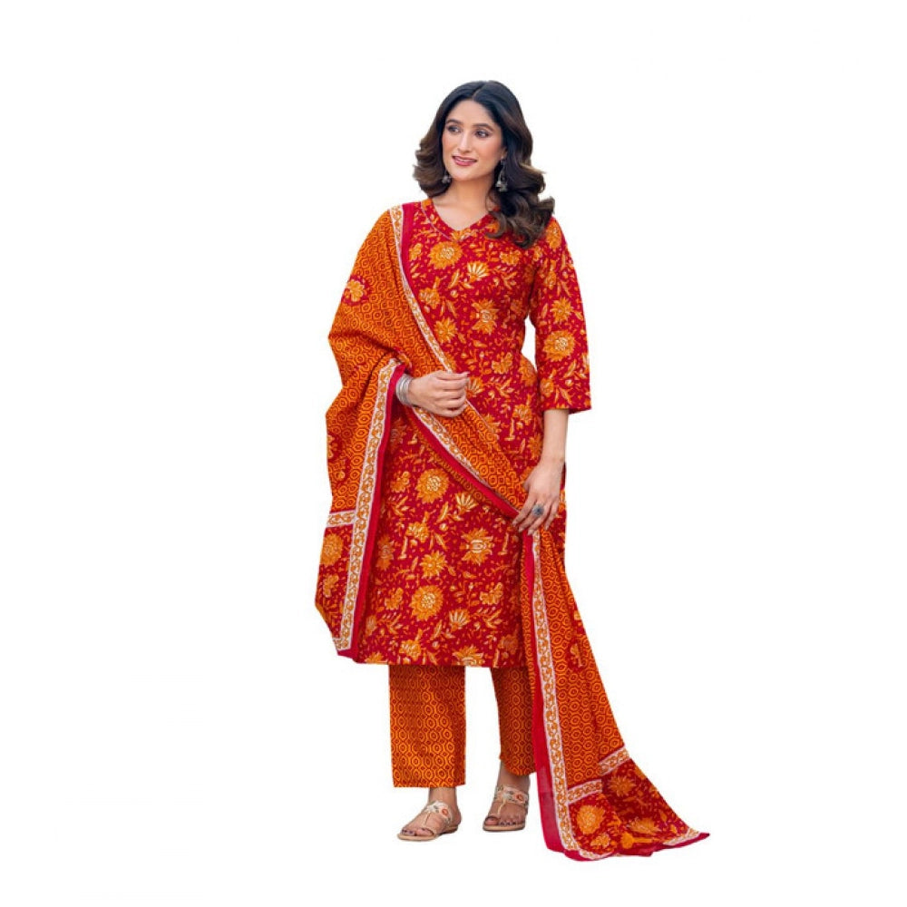 Generic Women's Cotton Blend Printed Kurti With Pant Dupatta Set (Maroon)