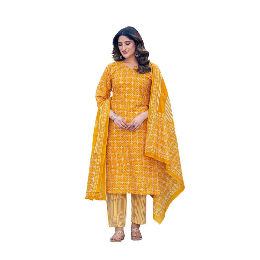 Generic Women's Cotton Blend Printed Kurti With Pant Dupatta Set (Yellow)