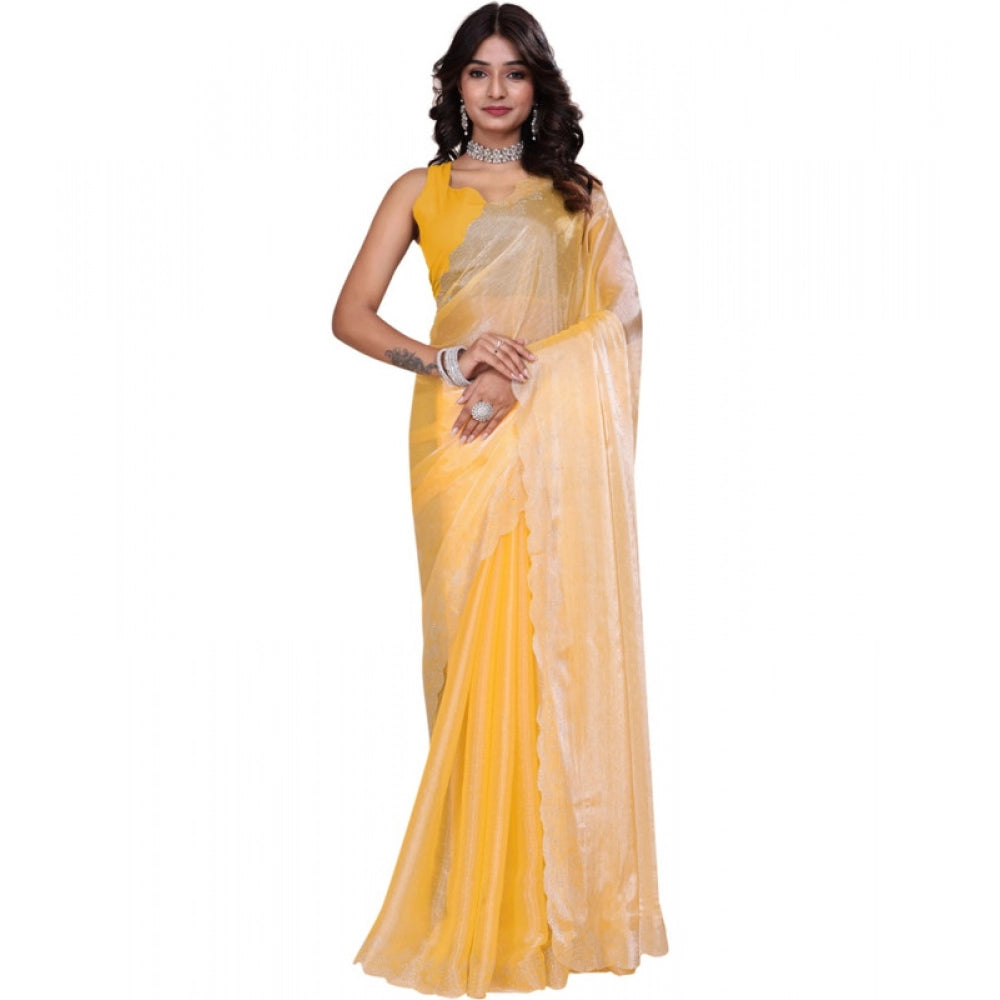 Generic Women's Tissue Pure Silk Embellished Bollywood Saree With Unstitched Blouse 5.5Mtr (Yellow)