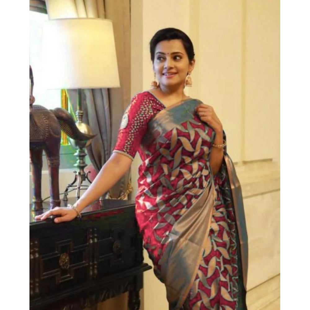 Generic Women's Litchi silk Printed Saree With Unstitched Blouse (Red)