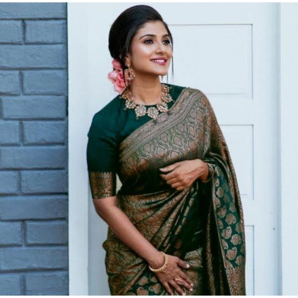 Generic Women's Litchi silk Printed Saree With Unstitched Blouse (Green)