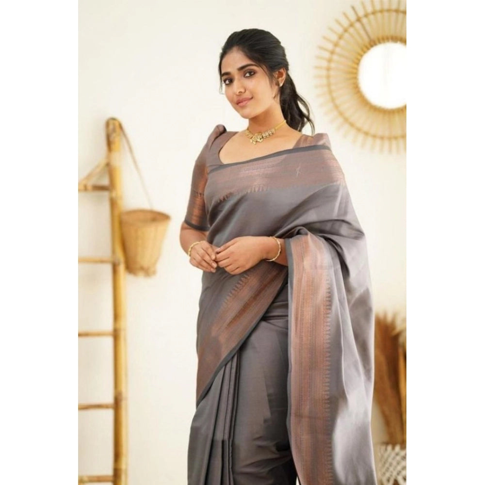 Generic Women's Litchi silk Printed Saree With Unstitched Blouse (Grey)