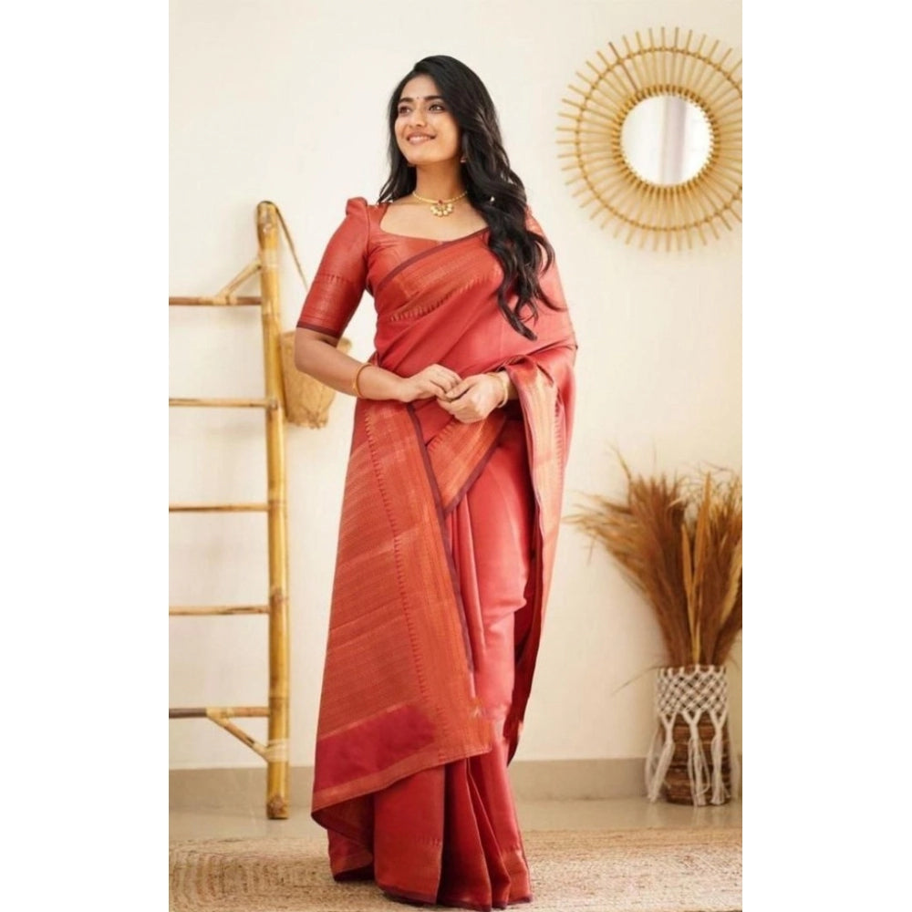 Generic Women's Litchi silk Printed Saree With Unstitched Blouse (Red)