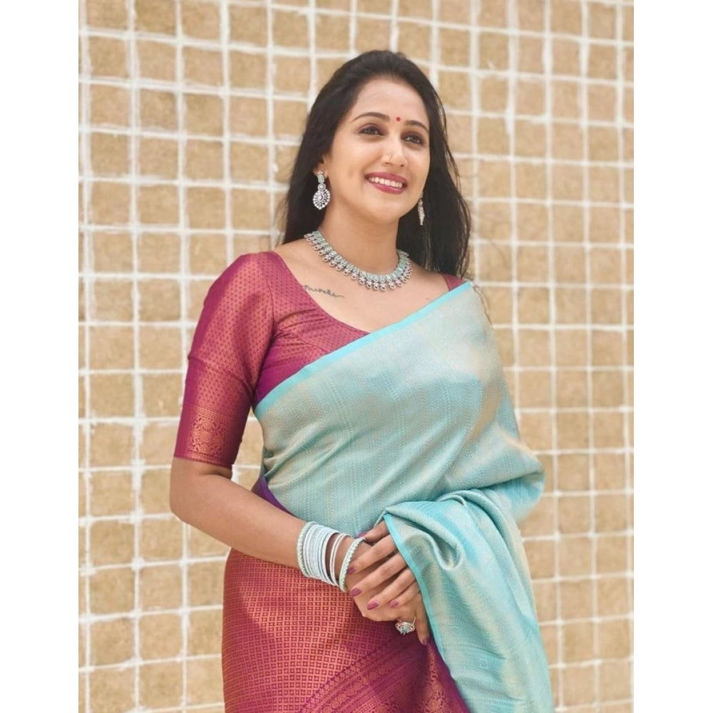 Generic Women's Litchi silk Printed Saree With Unstitched Blouse (Blue)