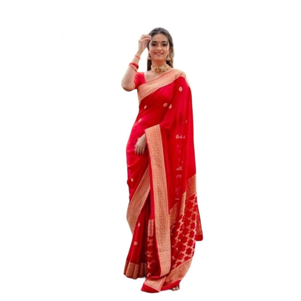 Generic Women's Litchi silk Printed Saree With Unstitched Blouse (Red)