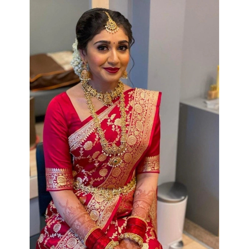 Generic Women's Litchi silk Printed Saree With Unstitched Blouse (Red)