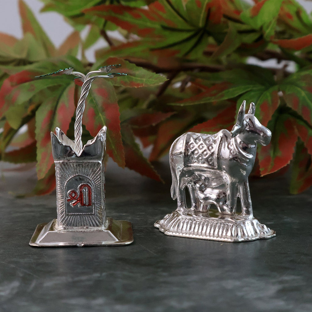 Silver-Plated Kamdhenu Cow & Tulsi Plant Pair – Pooja & Home Décor