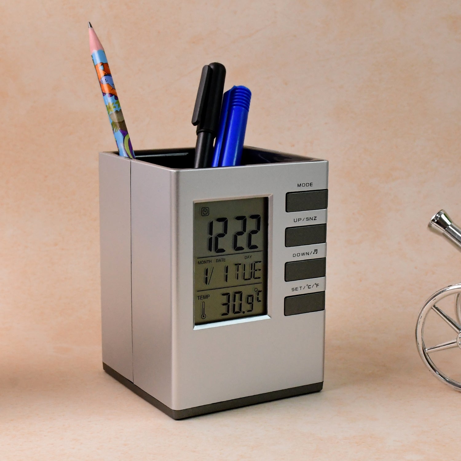 Multifunction Cube Digital Desk Clock with Pen Holder (1 Pc)