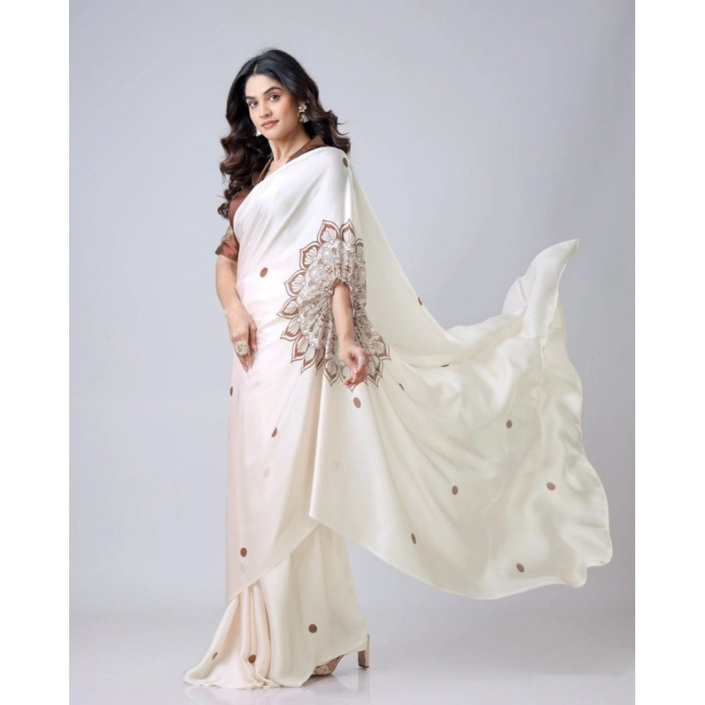 Generic Women's Soft Crepe Silk Printed Ready To Wear Saree With Unstitched Blouse 5.5Mtr (Off White)