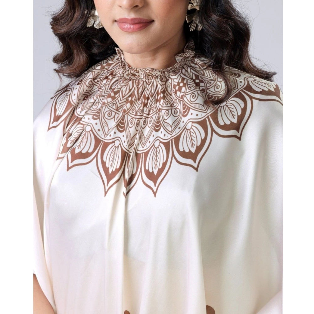 Generic Women's Soft Crepe Silk Printed Ready To Wear Saree With Unstitched Blouse 5.5Mtr (Off White)