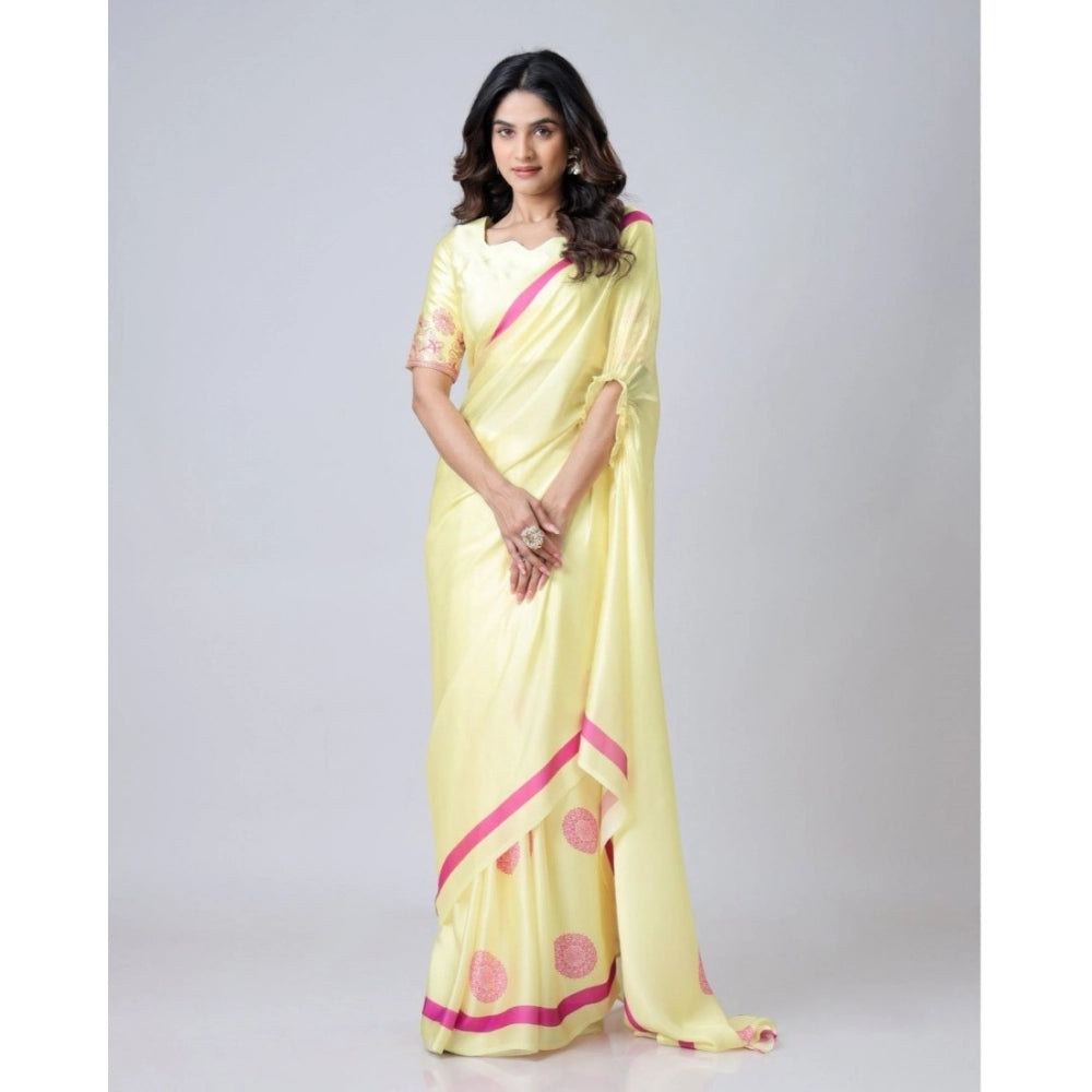 Generic Women's Soft Crepe Silk Printed Ready To Wear Saree With Unstitched Blouse 5.5Mtr (Light Yellow)