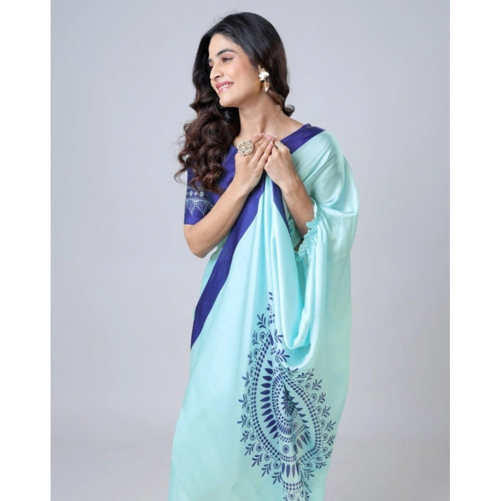 Generic Women's Soft Crepe Silk Printed Ready To Wear Saree With Unstitched Blouse 5.5Mtr (Turquoise)