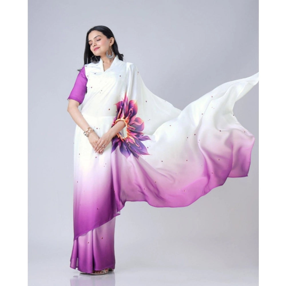 Generic Women's Soft Crepe Silk Printed Ready To Wear Saree With Unstitched Blouse 5.5Mtr (Purple)