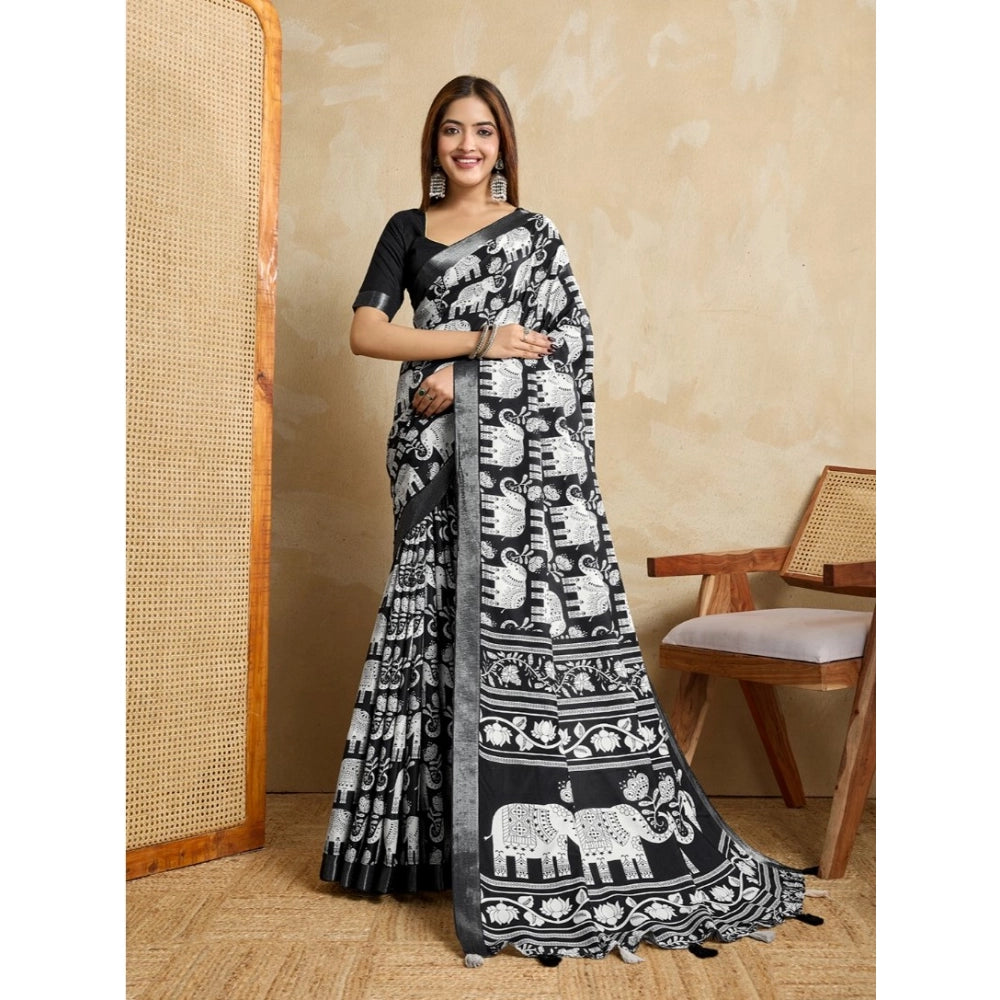 Generic Women's Silk Blend Printed Saree With Unstitched Blouse 5.5Mtr (Black)