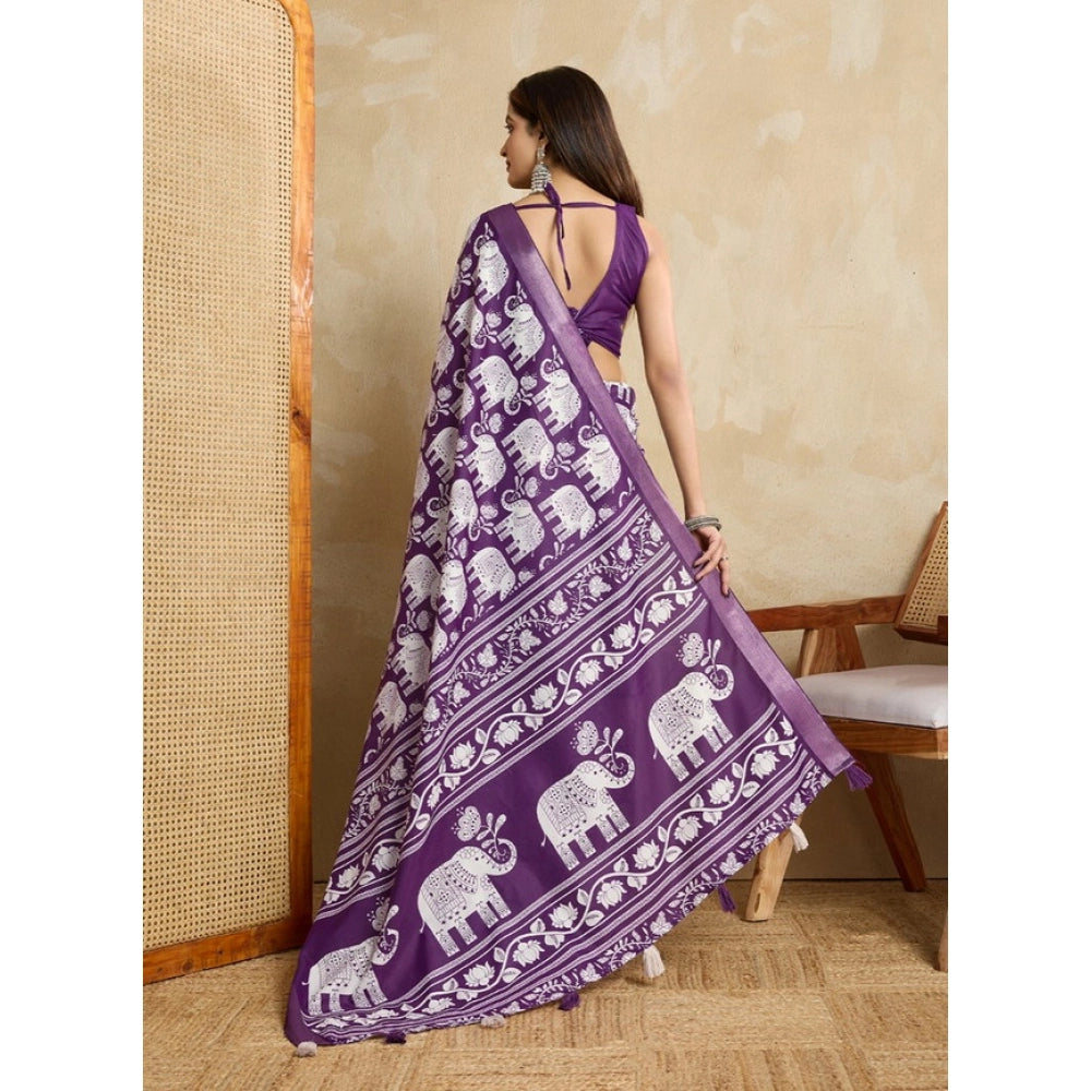 Generic Women's Silk Blend Printed Saree With Unstitched Blouse 5.5Mtr (Purple)
