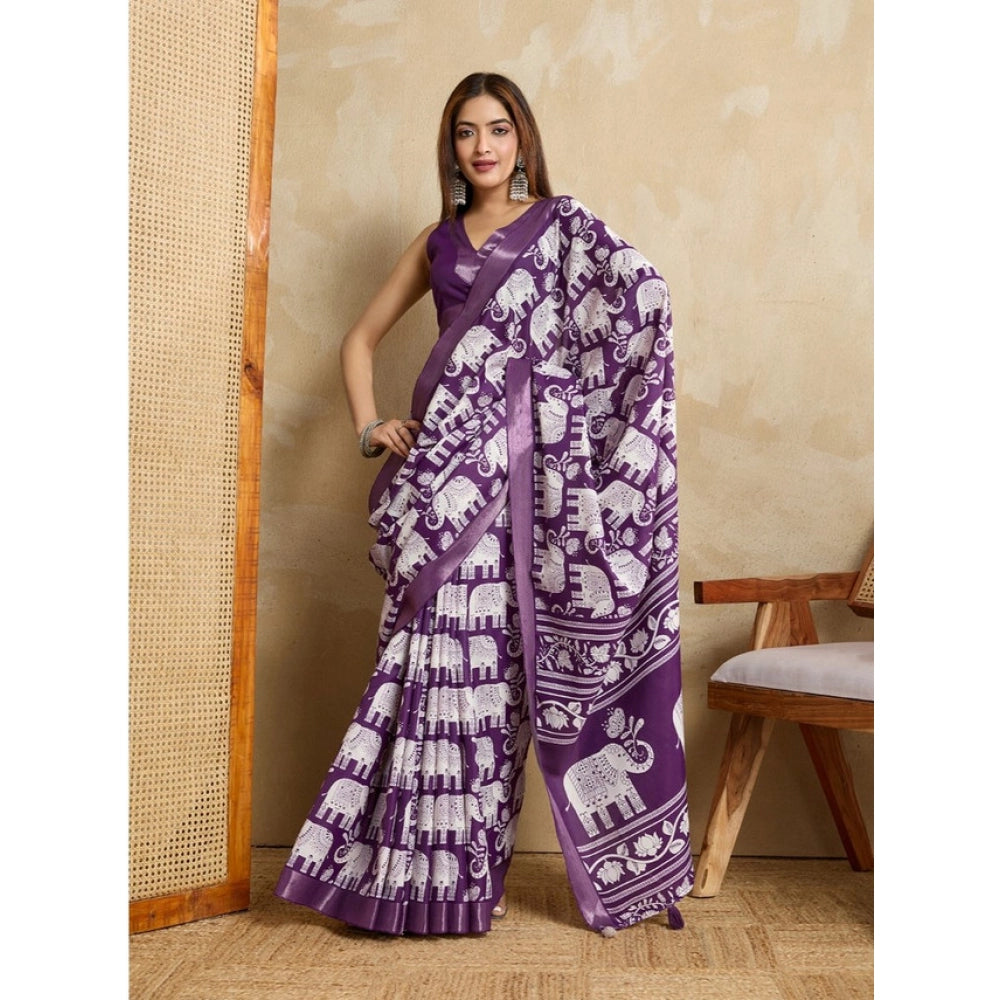 Generic Women's Silk Blend Printed Saree With Unstitched Blouse 5.5Mtr (Purple)