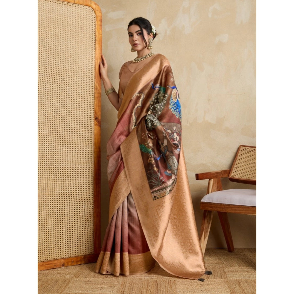 Generic Women's Silk Printed Saree With Unstitched Blouse 5.5Mtr (Brown)