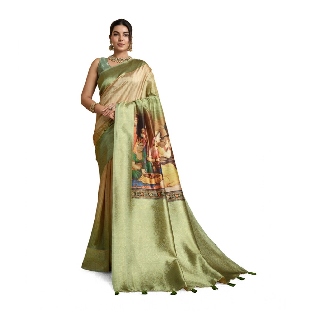Generic Women's Silk Printed Saree With Unstitched Blouse 5.5Mtr (Mehendi)