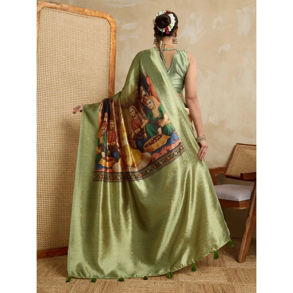 Generic Women's Silk Printed Saree With Unstitched Blouse 5.5Mtr (Mehendi)