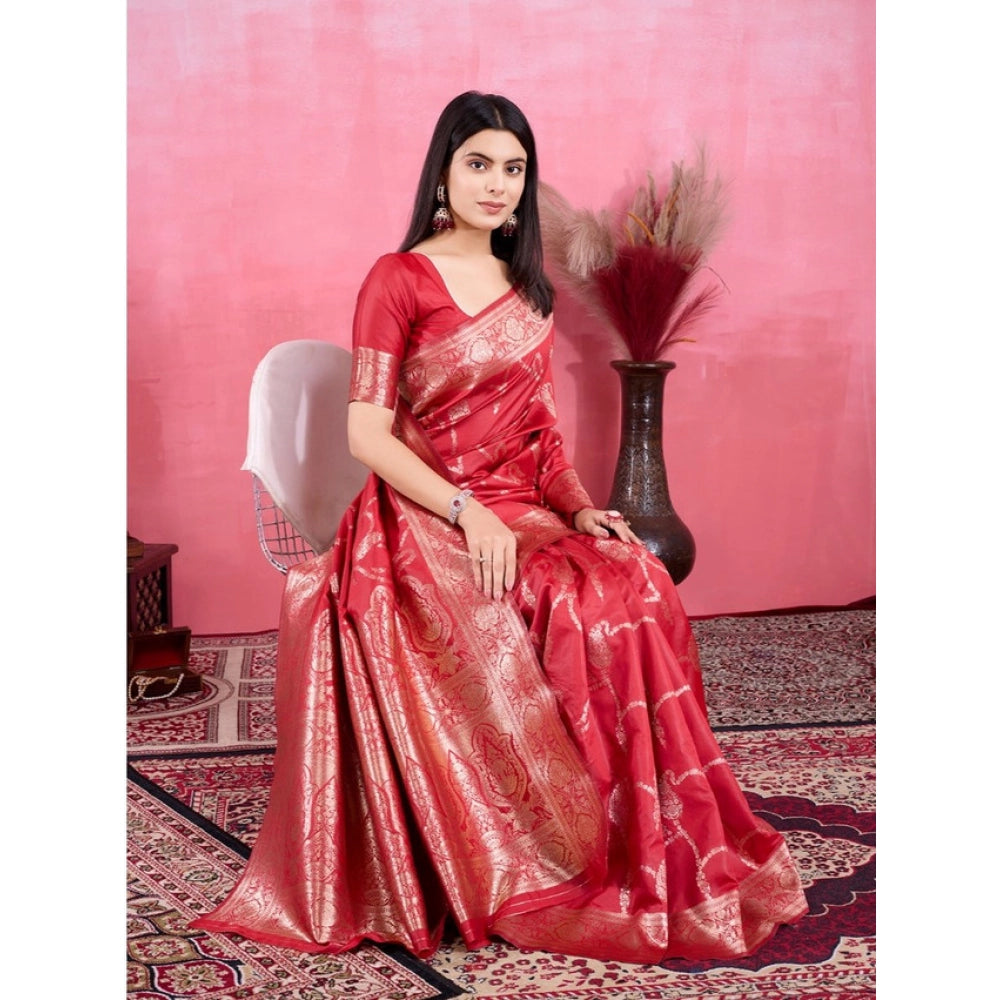 Generic Women's Banarasi Silk Printed Saree With Unstitched Blouse 5.5Mtr (Red)