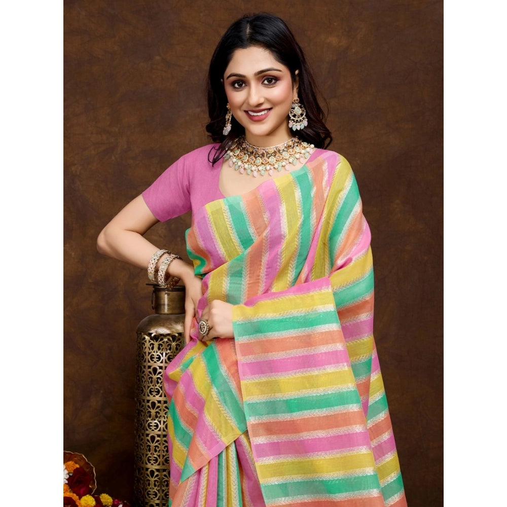 Generic Women's Cotton Blended Printed Saree With Unstitched Blouse 5.5Mtr (Pink)