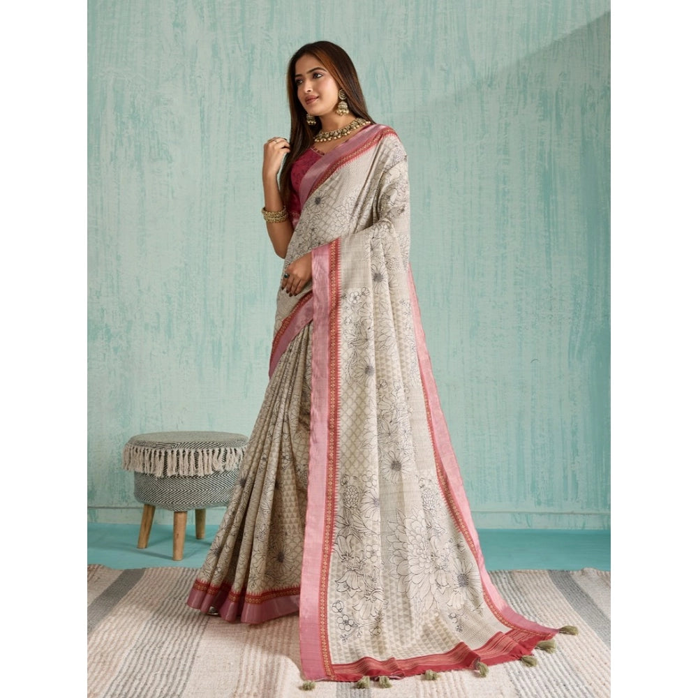 Generic Women's Silk Blend Printed Saree With Unstitched Blouse 5.5Mtr (Beige)